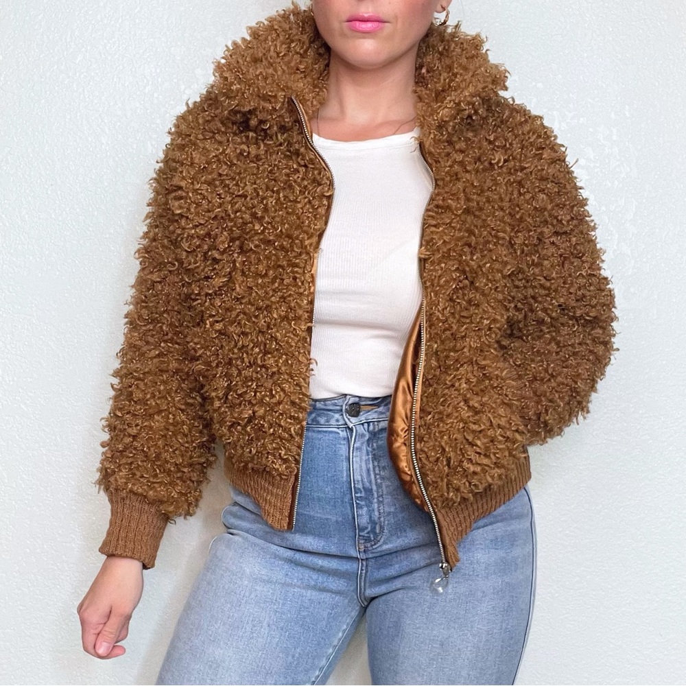 8. Brown Bomber Teddy Jacket with Collar Pockets Long Sleeves Zip Up Small